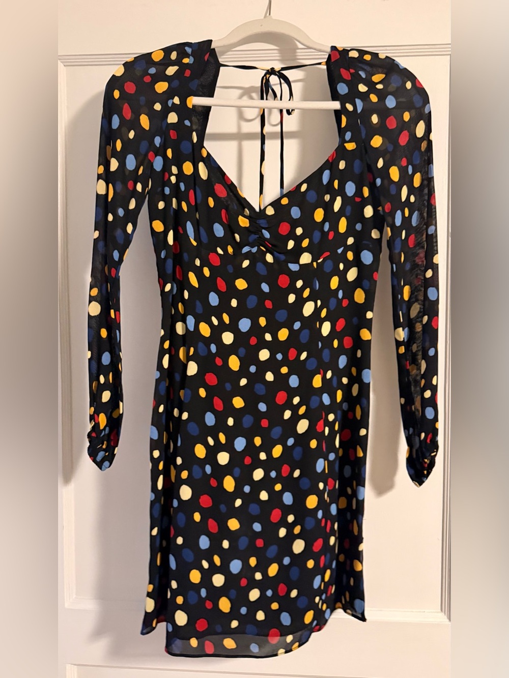 Reformation Black Long-Sleeve Dress with Red, Blue, Yellow, Cream Dots